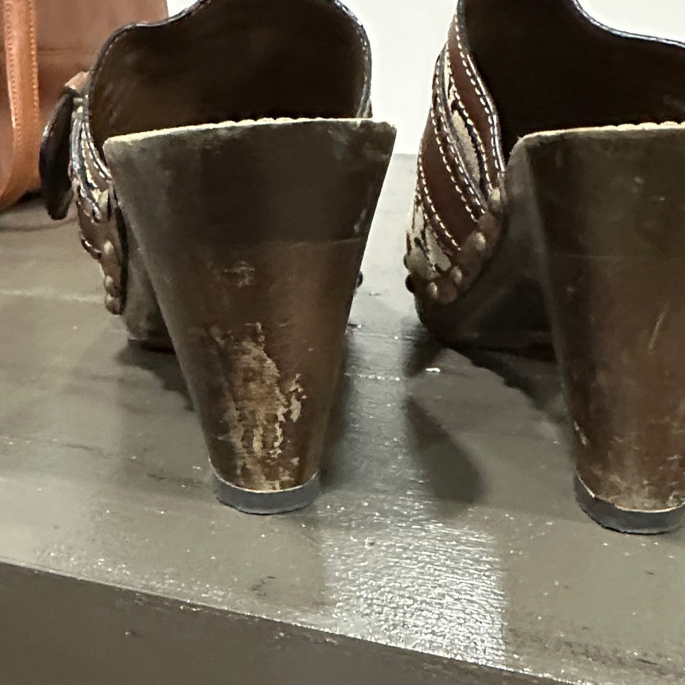 Coach Brown and Tan Mules with Gold Buckle - Picture 6 of 7